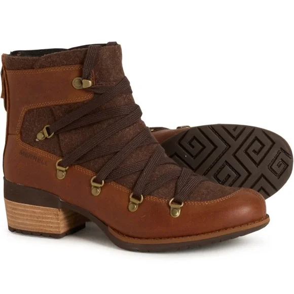 Merrell Women Boots Sz 10.5 Shiloh II Warm Leather Oak Ankle Block Heel Zip Back - Picture 1 of 6